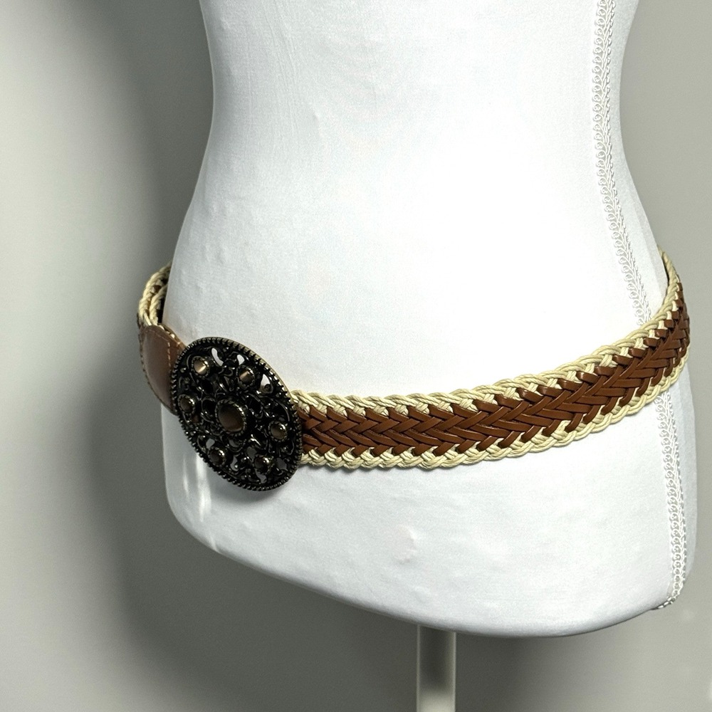 Vintage Coldwater Creek Woven Leather Belt‎ Round Metal Inlay Buckle Brown Sz L